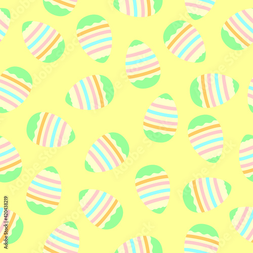 Seamless pattern on the theme of Easter in bright colors with a yellow background. Pattern with Easter colorful eggs.