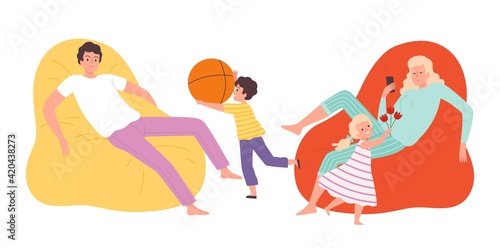 Children need care. Tired parents, active kids characters. Gadget addiction or adults apathy vector concept