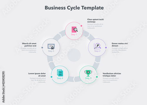 Simple concept for business cycle diagram with five steps and place for your description. Flat infographic design template for website or presentation.