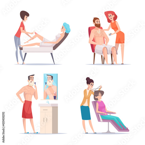 Hair removal. Woman wax depilation laser epilation treatment lips body scrub vector cartoon exact characters