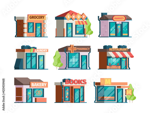 Storefront facade. Urban local market facade exterior modern restaurant and caffe garish vector city buildings