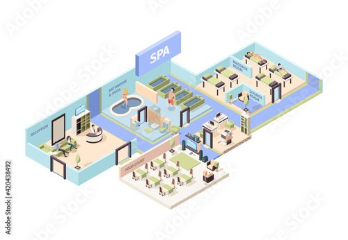 Spa center isometric. Beauty relax salon rooms for yoga swimming pool meditation sauna massage garish vector illustrations