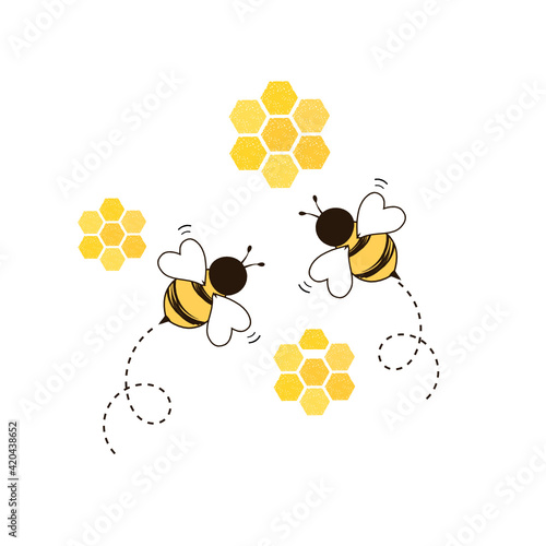 Flying Bee with honeycomb isolated on white background vector illustration. Cute cartoon character.