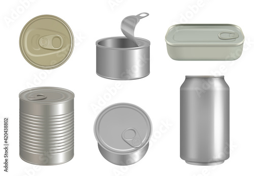 Steel cans. Canned beverages packages for products and drinks decent realistic metal containers vector pictures