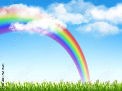 Sunny background. Green grass blue sky with clouds and rainbow decent vector realistic garden landscape