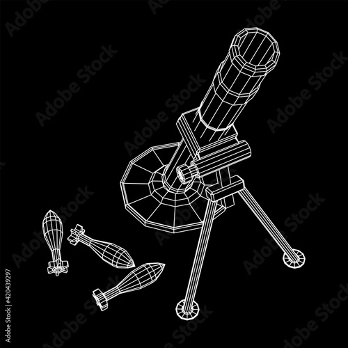 Firearm weapon army mortar and mine. Wireframe low poly