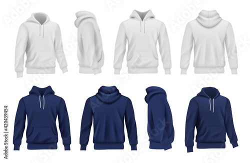 Hoodie collection. Black and white sport casual clothes for men decent vector realistic mockup