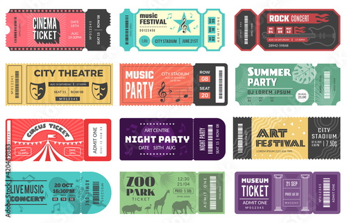 Entertainment tickets. Event cardboard labels cinema theatre kids playground music festival recent vector design tickets set isolated