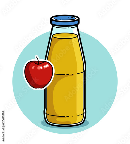 Apple juice in a glass bottle isolated on white background vector illustration, cartoon style logo or badge for pure fresh juice, diet food beverage delicious and healthy.