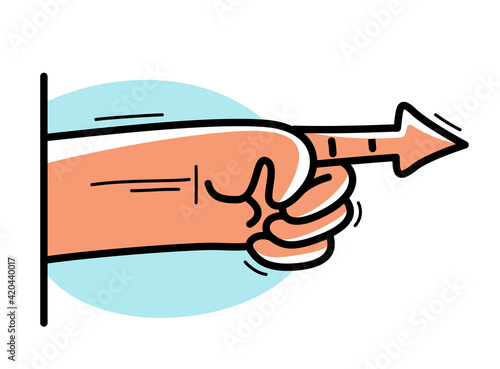 Cartoon hand pointing finger in a shape of arrow vector flat style illustration isolated on white, humorouse cursor sign.