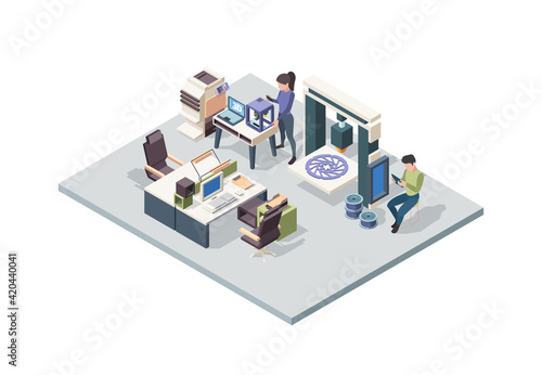 Engineers 3d printing. People designed use smart technology making 3d parts garish vector isometric interior with persons workers