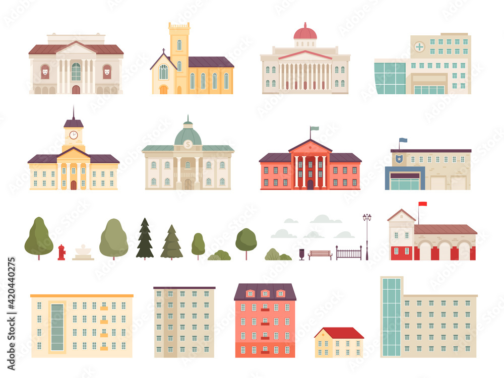 Urban municipal houses. Different buildings in city infrastructure office police and fire station bank supermarkets hospital campus nowaday vector modern houses