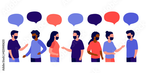 Meeting of group of people with face mask for talk, dialog, communication, partnership, business relationship. Man and woman talking. Negotiations, discussion of team workers. Vector flat illustration