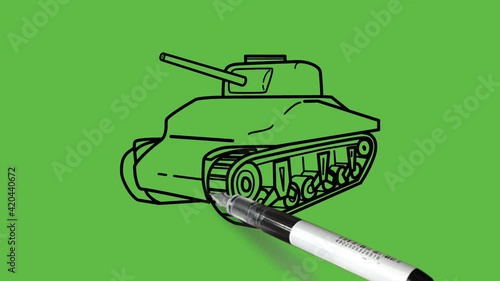 Drawing an army vehicle with black and blue colour combination on abstract green backgrounds
 photo