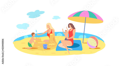 Two women lesbians with children are resting on the beach by the sea. Gay women. LGBT, lesbians. Vector flat illustration © Oleg
