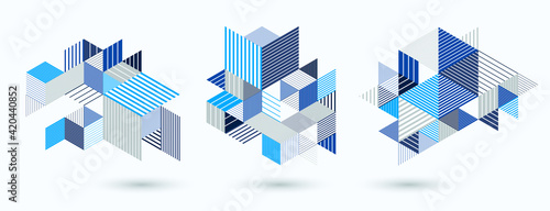 Line design 3D cubes and triangles abstract backgrounds set, polygonal low poly isometric retro style templates. Stripy graphic elements isolated. Templates for posters or banners, covers or ads.