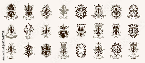Heraldic Coat of Arms with Lily Flower and crowns symbol vector big set, vintage antique heraldic badges and awards collection, symbols in classic style design elements, De Lis.