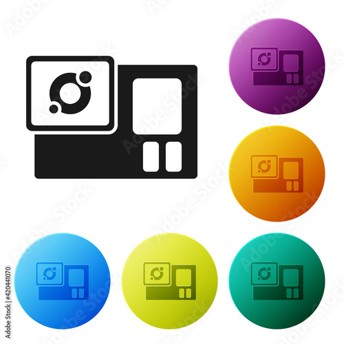 Black Action extreme camera icon isolated on white background. Video camera equipment for filming extreme sports. Set icons in color circle buttons. Vector