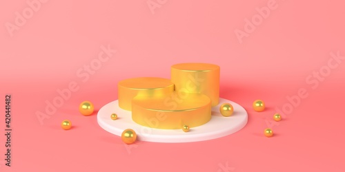 Golden red product stand pastel or podium pedestal on empty display with orange pastel backdrops. 3D rendering.