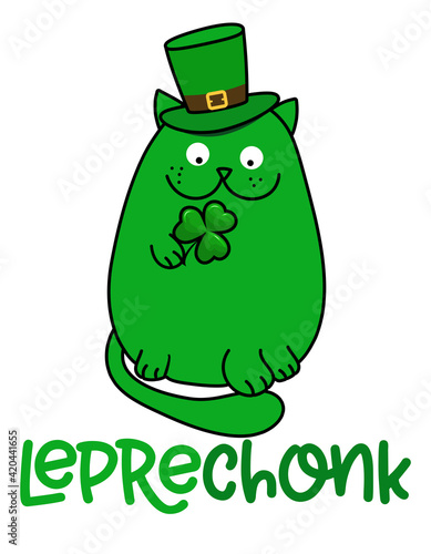 Leprechaun cat (leprechonk) - funny St Patrik's Day kawaii character design with green cat on white background. Good for posters, flyers, t-shirts, cards, invitations, stickers, banners, gifts.