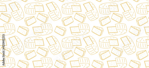 Light seamless pattern with round large cheese. Image for an article about farms and livestock. Background for design business concepts and advertising. Cover for cookbook, menu, brochure, catalog.