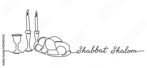 Shabbat Shalom, peaceful sabbath, vector poster, banner, background with challah, candle, wine. Shabbat Shalom lettering.