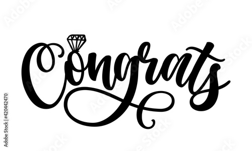 Congrats word - Black hand lettered quotes with diamond ring for greeting cards, gift tags, labels, wedding sets. Groom and bride design. Congratulations text with diamond ring.