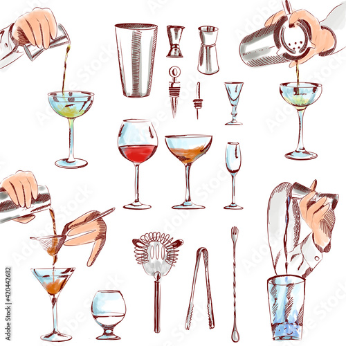 set of elements bartender makes cocktails, bartender's hands, drinks, shaker, sieve, glass, glass, shot, glass, martini