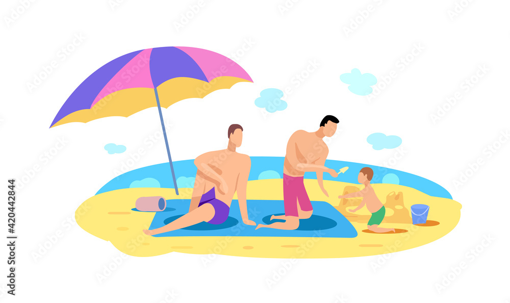 Two gay men with a child are relaxing on the beach by the sea. Vector flat illustration