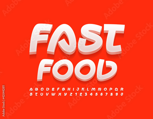 Vector tasty Emblem Fast Food. Modern 3D Font. Bright Alphabet Letters and Numbers
