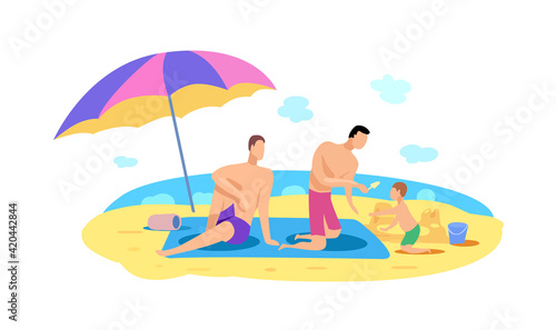 Two gay men with a child are relaxing on the beach by the sea. Vector flat illustration © Oleg