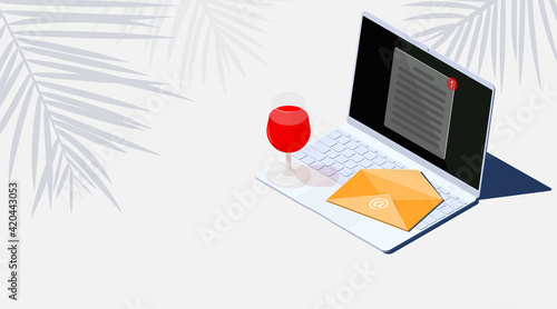 3d white laptop with yellow e-mail and a glass of red wine. Isometric mail vector illustration. Sending and receiving letters. Transparent document with notice
