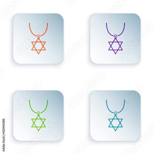 Color Star of David necklace on chain icon isolated on white background. Jewish religion symbol. Symbol of Israel. Jewellery and accessory. Set colorful icons in square buttons. Vector