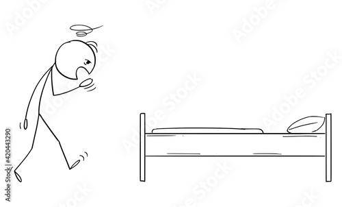Tired Man Going to Sleep in Bed, Vector Cartoon Stick Figure Illustration