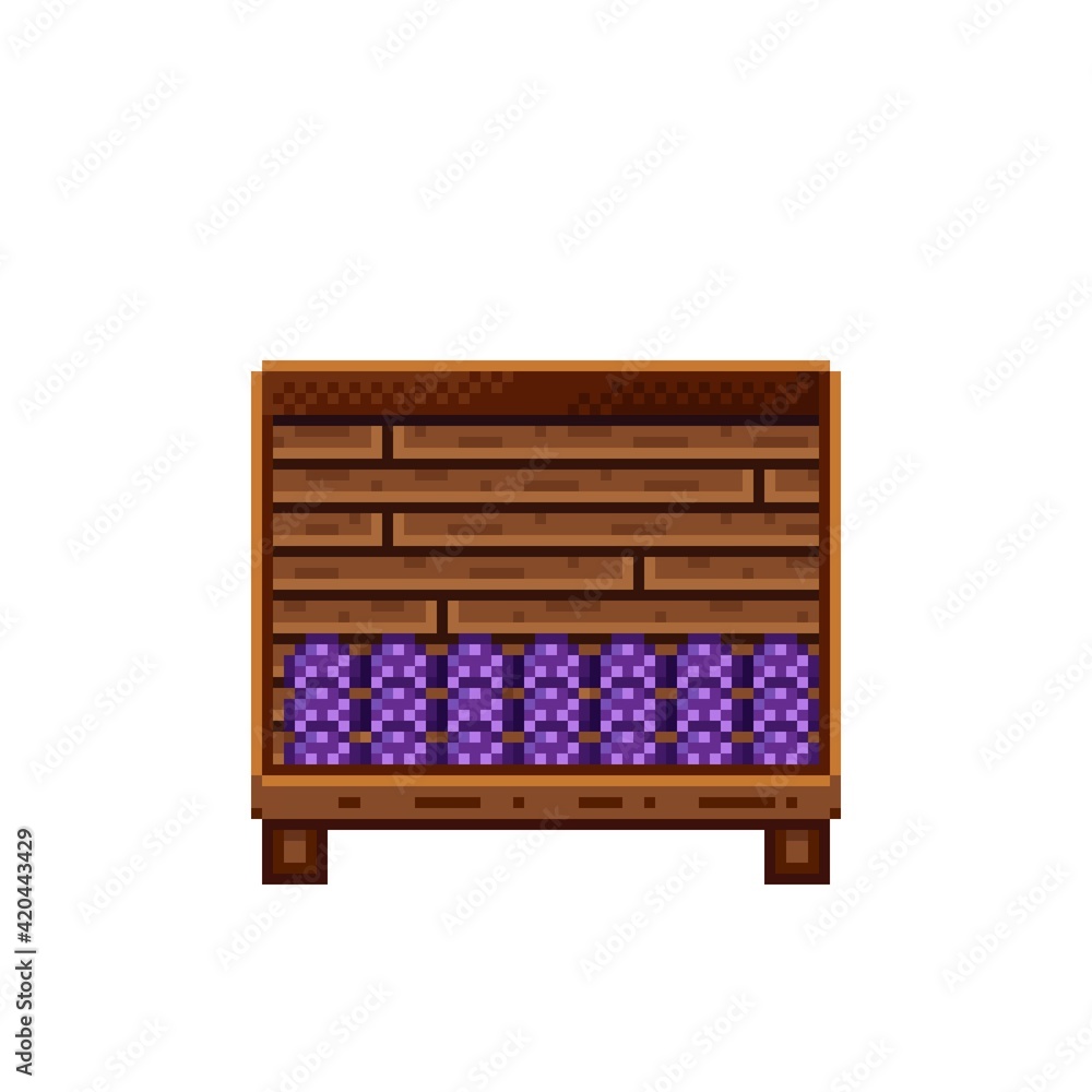 Vegetable shop pixel art. Mushrooms in a wooden crate. Mushrooms, food pixel art icon isolated on white background. Mushroom stall. Showcase with vegetable waste. Vector illustration. Vegetable shop pixel art. Mushrooms in a wooden crate. Mushrooms, food pixel art icon isolated on white background. Mushroom stall. Showcase with vegetable waste. Vector illustration.