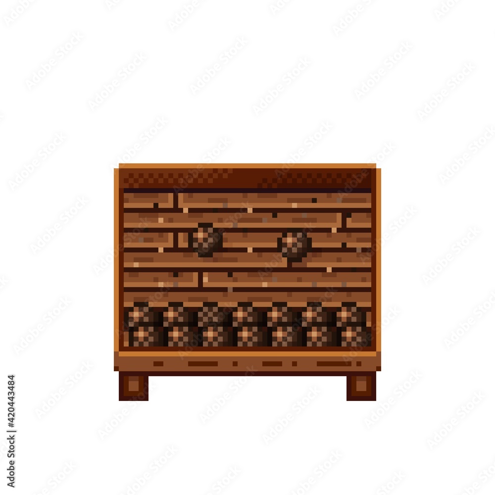 Fruit shop pixel art. Coconuts in a wooden crate. Coconut, food pixel art icon isolated on white background. Fruit stall. Showcase with Fruit waste. Vector illustration. Coconuts pixel art. Fruit shop pixel art. Coconuts in a wooden crate. Coconut, food pixel art icon isolated on white background. Fruit stall. Showcase with Fruit waste. Vector illustration. Coconuts pixel art.