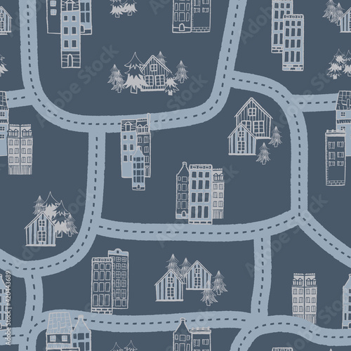 Vector blue grey city streets map seamless pattern
