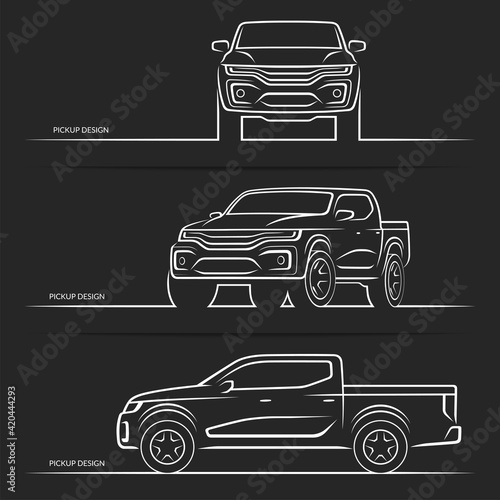 Vector car silhouettes. Front, side and perspective view of off-road suv pickup truck