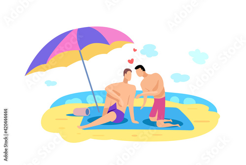 Two gay men are relaxing on the beach by the sea. Vector flat illustration.