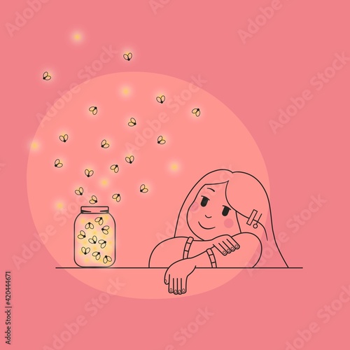 Little girl surrounded by fireflies