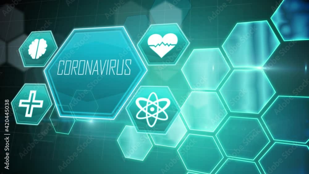 Animation of coronavirus text with network of medical hexagon icons on green background Animation of coronavirus text with network of medical hexagon icons on green background