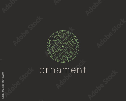 Ecologic logo sign. Linear leafs ornament logotype sign. Natural product icon.