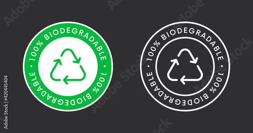 Biodegradable label sign vector design. 100 precent Bio Recycling and Degradable Icon.