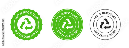 100% Recycled Label Icon Sign. Biodegradable Sticker. photo