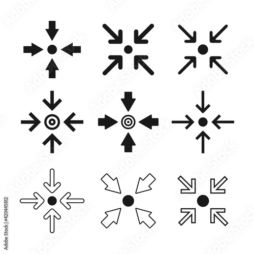 Set of meeting point icons. Target pointer sign. Arrows pictogram.