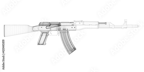 Kalashnikov assault rifle frame from black lines isolated on white background. 3D. Vector illustration