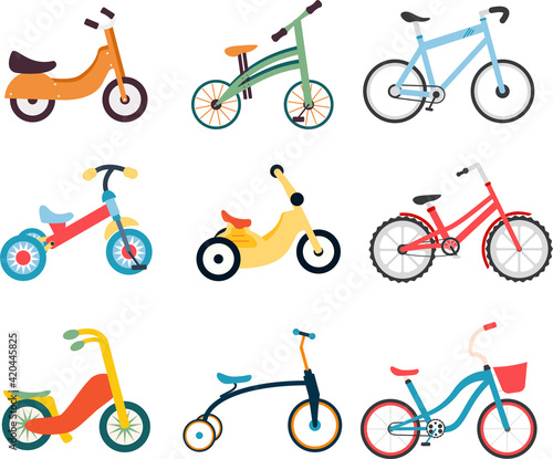 Set of kids bicycles and tricycles in flat style. Wood and metal bikes for boys and girls. Colorful bicycles with different frame types. Children toy. Vector simple icons set on a white background.