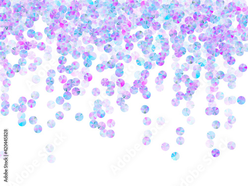 Violet spangles confetti placer vector illustration. Round glowing tinsel particles holiday glitter flatlay. Holiday confetti scatter shining texture.
