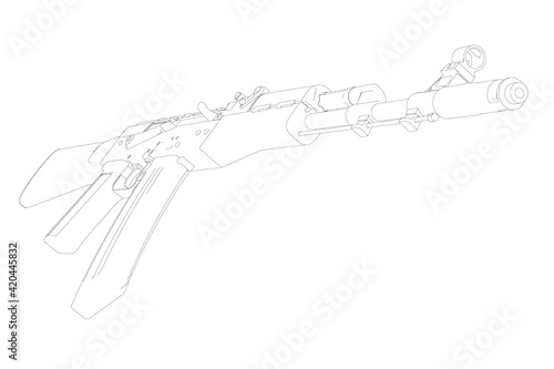 Kalashnikov assault rifle contour from black lines isolated on white background. Vector illustration