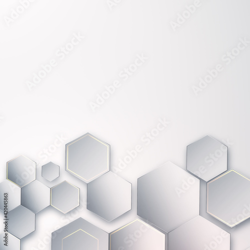 Blank light wallpaper with steel effect geometrical hexagon cells at the bottom
